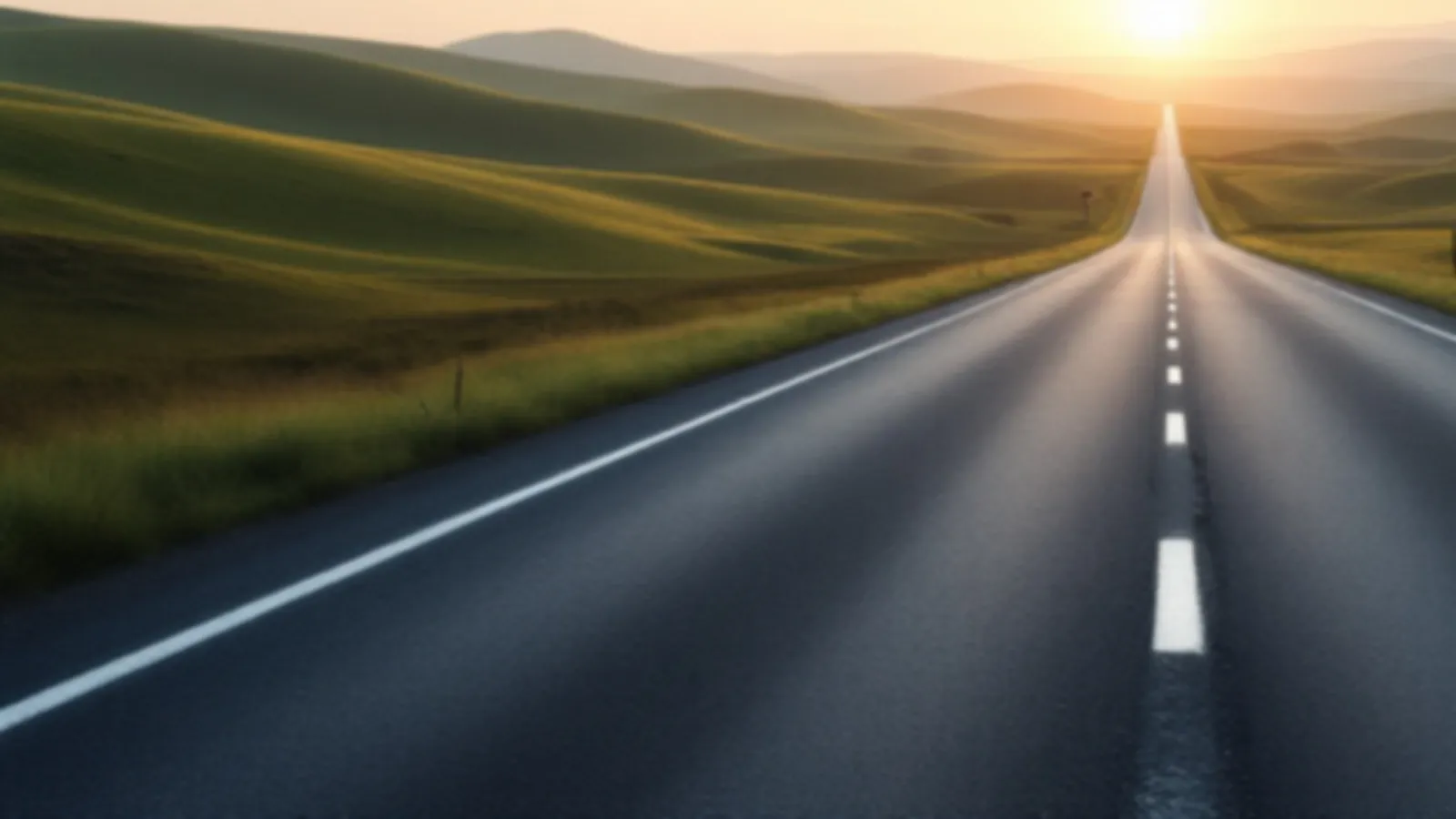 An empty road stretching across rolling green hills toward a pale sunrise, the MileageNote view of online loans for unexpected bills, $100 – $5,000